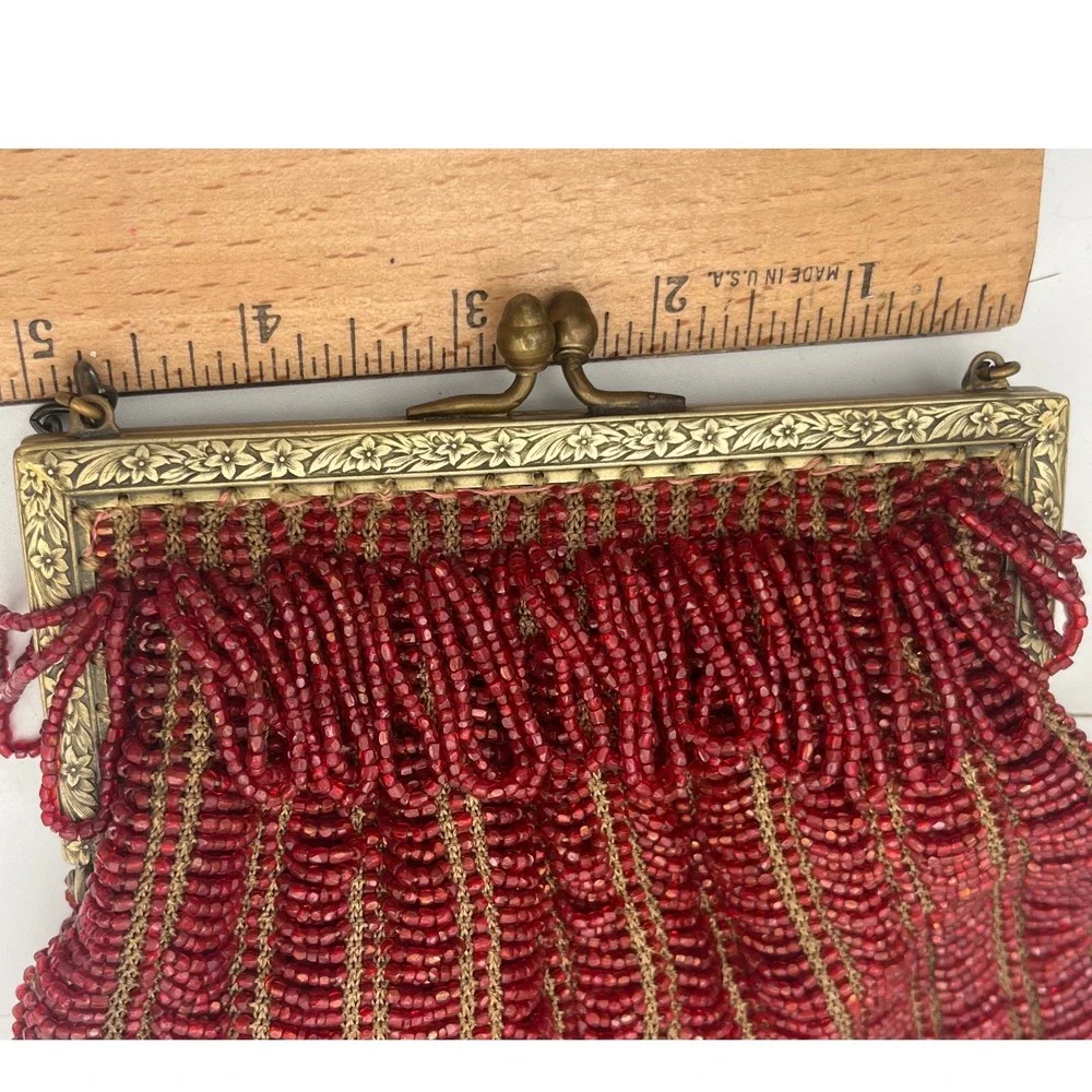 Antique 1920s‎ Red Micro Beaded Fringe Purse Art Deco Floral Brass Frame Flapper